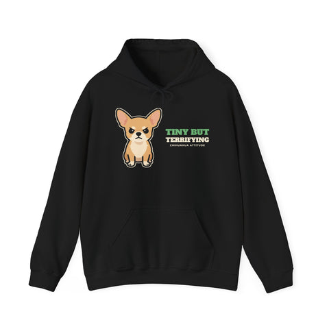 Tiny But Terrifying Chihuahua Hoodie - funny chihuahua hoodie for humans, black, front print