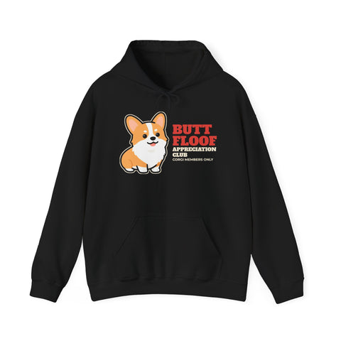 Butt Floof Appreciation Club Corgi Hoodie - funny corgi hoodie for humans, black, front print