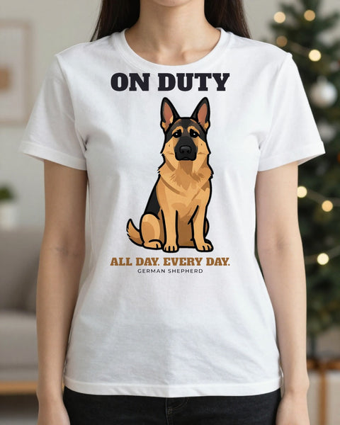 Woman wearing the On Duty German Shepherd t-shirt