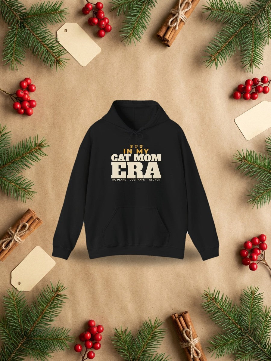 In My Cat Mom Era hoodie, funny cat mom gift, styled Christmas flat lay