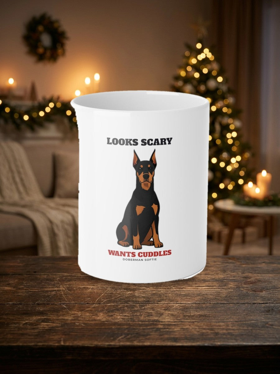Looks Scary, Wants Cuddles Doberman Mug styled Christmas flat lay