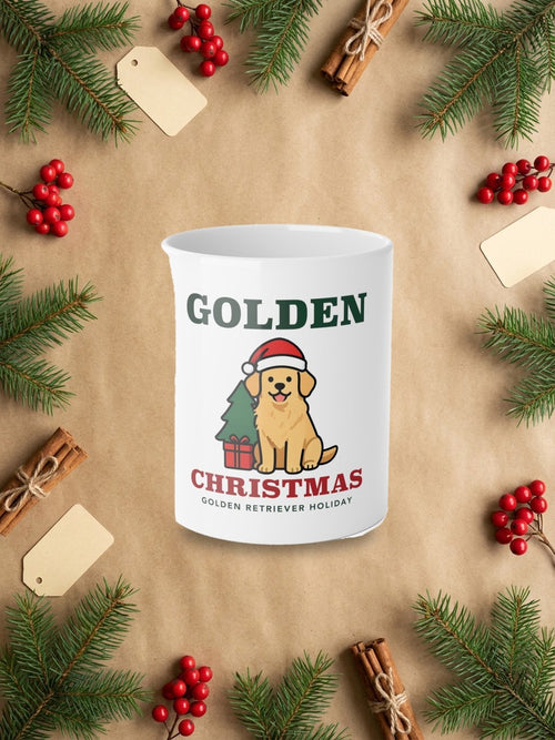 Golden Retriever Christmas Mug in a styled table product photo