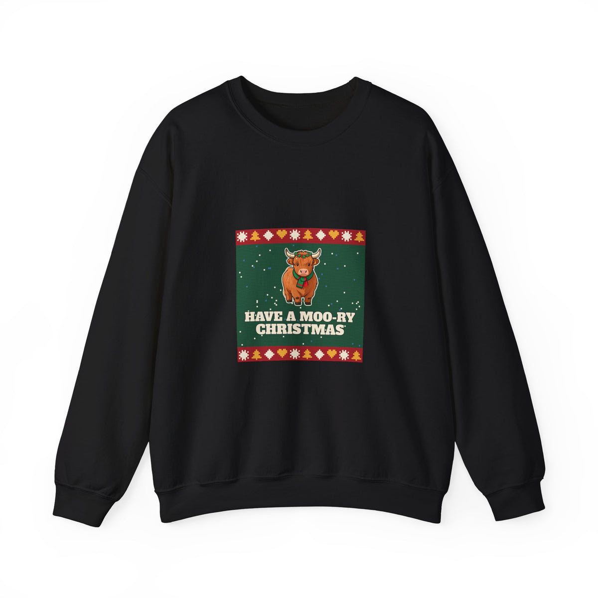 Moo-ry Christmas highland cow ugly sweater crewneck sweatshirt by Passtime Goods