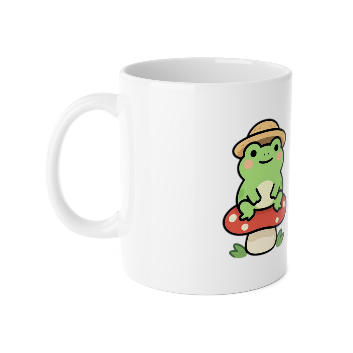 Pond Life, No Regrets cottagecore frog mug, side view with handle