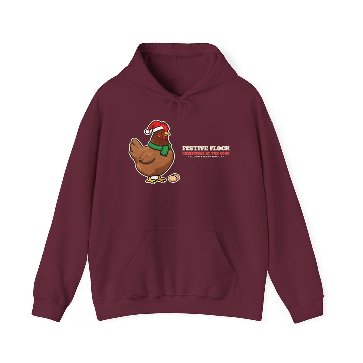 Festive Flock chicken Christmas hoodie - alternate angle, chicken gift by Passtime Goods