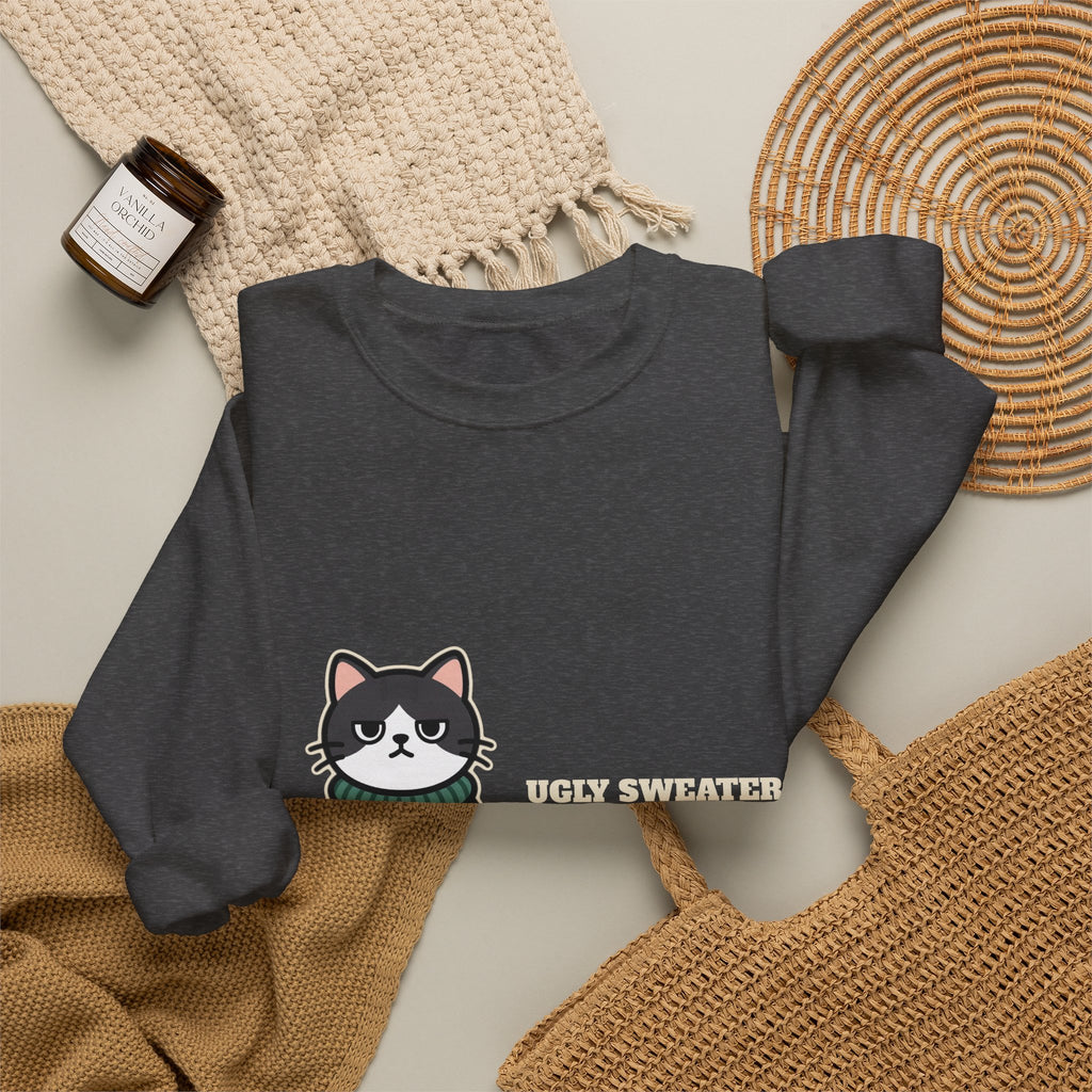 Ugly Christmas Sweater Style Crewneck Sweatshirt Cat, Cat Approved Funny Holiday Crewneck Sweatshirt, Grumpy Cat Christmas Crewneck Sweatshirt, Cat Mom Gift, Cat Lover Crewneck Sweatshirt