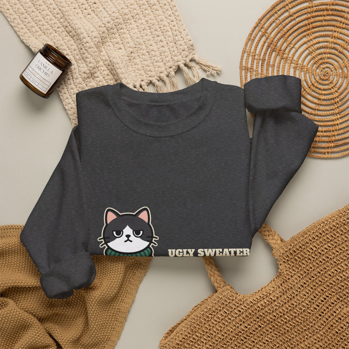 Ugly Christmas Sweater Style Crewneck Sweatshirt Cat, Cat Approved Funny Holiday Crewneck Sweatshirt, Grumpy Cat Christmas Crewneck Sweatshirt, Cat Mom Gift, Cat Lover Crewneck Sweatshirt