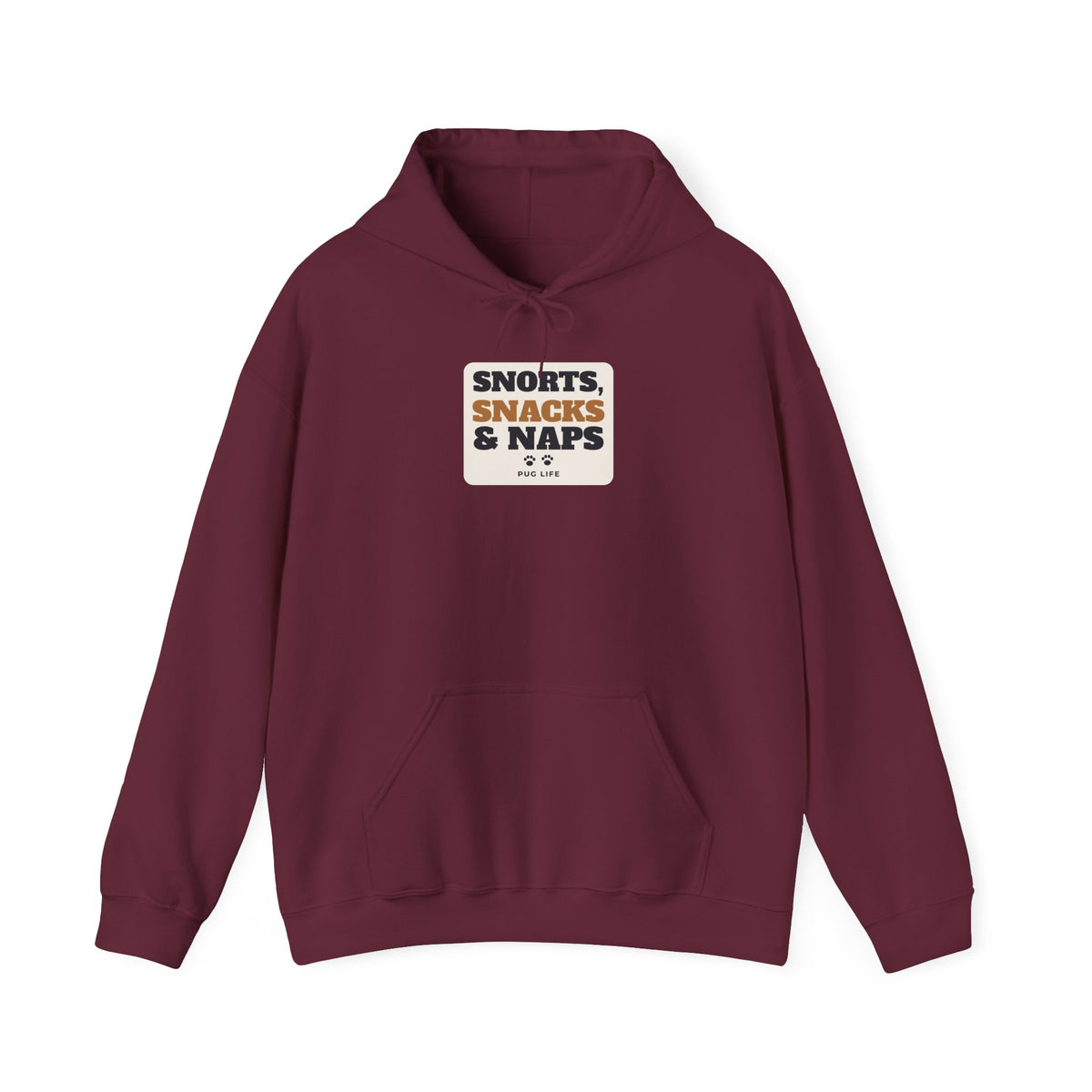 Snorts, Snacks and Naps Pug Hoodie - pug lover hoodie, front print detail