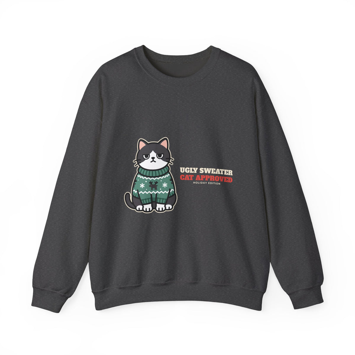 Ugly Christmas Sweater Style Crewneck Sweatshirt Cat, Cat Approved Funny Holiday Crewneck Sweatshirt, Grumpy Cat Christmas Crewneck Sweatshirt, Cat Mom Gift, Cat Lover Crewneck Sweatshirt