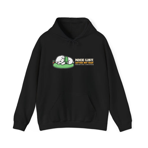 Nice List After My Nap senior dog Christmas hoodie - detail view, dog gift by Passtime Goods