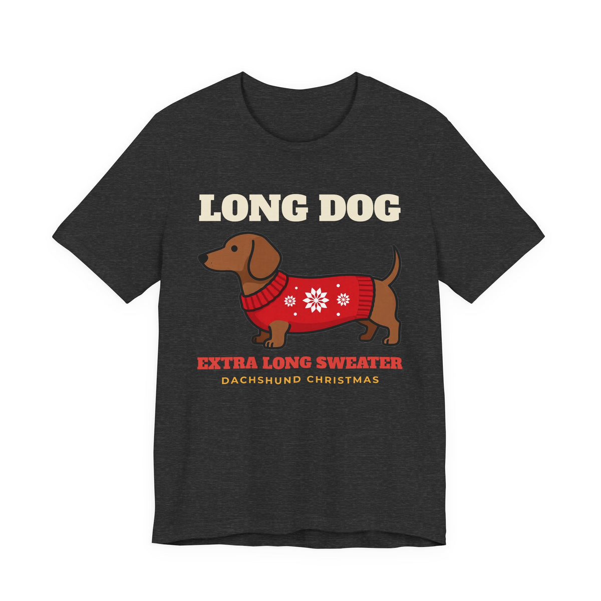 Dachshund Christmas Shirt with the Long Dog, Extra Long Sweater design in dark grey heather