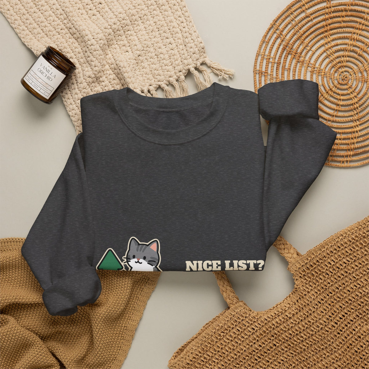 Funny Cat Christmas Crewneck Sweatshirt, Nice List Debatable Cat Crewneck Sweatshirt, Cat Mom Christmas Gift, Cat Dad Holiday Crewneck Sweatshirt, Naughty Cat Lover Gift