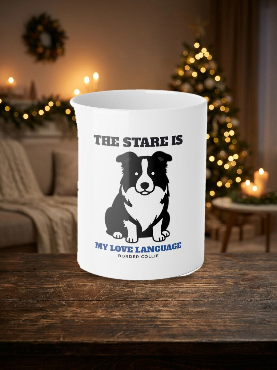 The Stare Is My Love Language Border Collie Mug styled Christmas flat lay