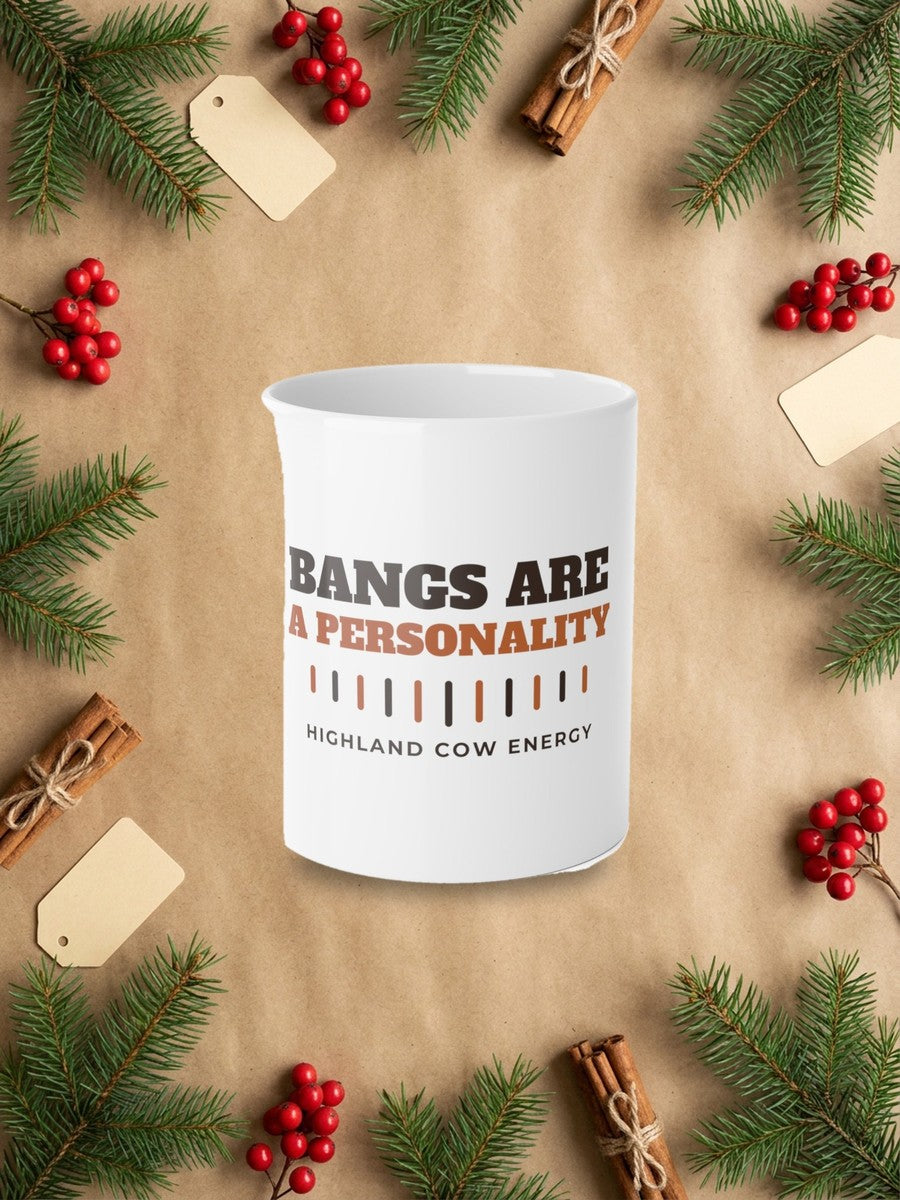 Highland Cow Mug - Bangs Are a Personality in a styled table product photo