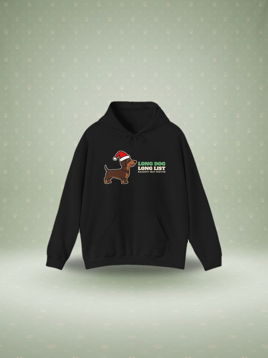 Long Dog Long List dachshund Christmas hoodie in a festive studio scene