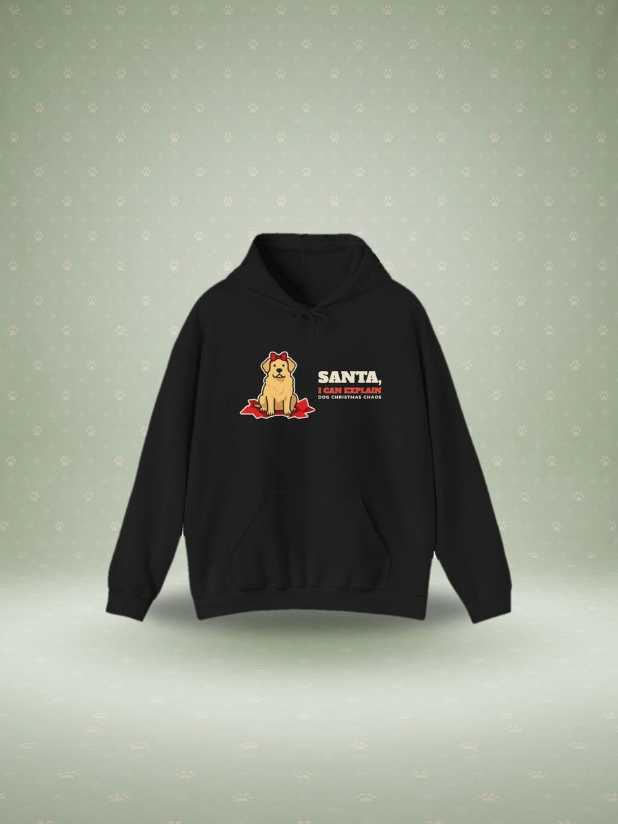 Santa I Can Explain dog Christmas hoodie in a festive studio scene