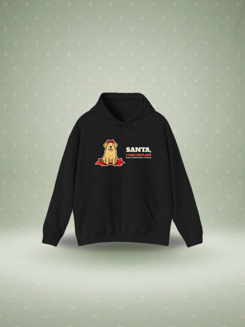 Santa I Can Explain dog Christmas hoodie in a festive studio scene