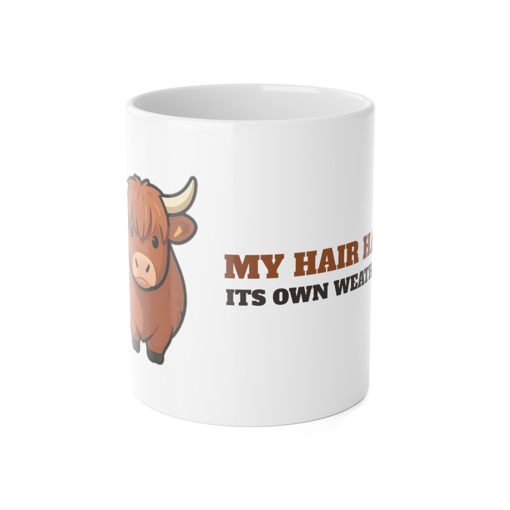 Highland Cow Mug - My Hair Has Its Own Weather Coffee Cup - original mug design by Pastime Goods
