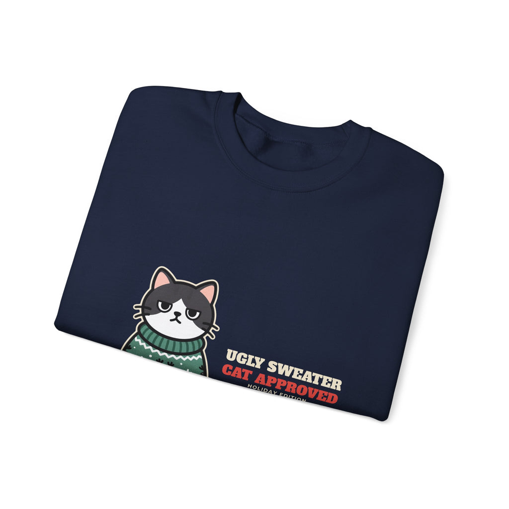 Ugly Christmas Sweater Style Crewneck Sweatshirt Cat, Cat Approved Funny Holiday Crewneck Sweatshirt, Grumpy Cat Christmas Crewneck Sweatshirt, Cat Mom Gift, Cat Lover Crewneck Sweatshirt