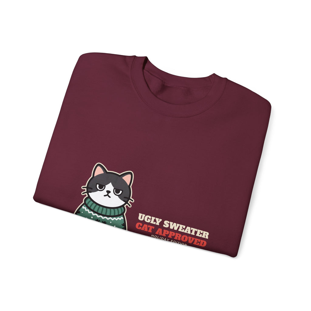 Ugly Christmas Sweater Style Crewneck Sweatshirt Cat, Cat Approved Funny Holiday Crewneck Sweatshirt, Grumpy Cat Christmas Crewneck Sweatshirt, Cat Mom Gift, Cat Lover Crewneck Sweatshirt