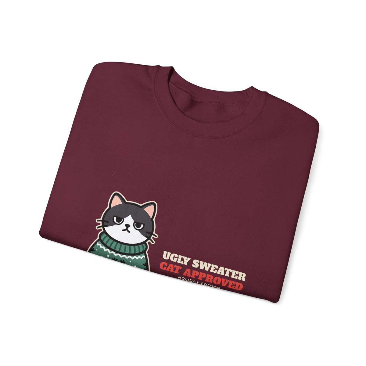 Ugly Christmas Sweater Style Crewneck Sweatshirt Cat, Cat Approved Funny Holiday Crewneck Sweatshirt, Grumpy Cat Christmas Crewneck Sweatshirt, Cat Mom Gift, Cat Lover Crewneck Sweatshirt