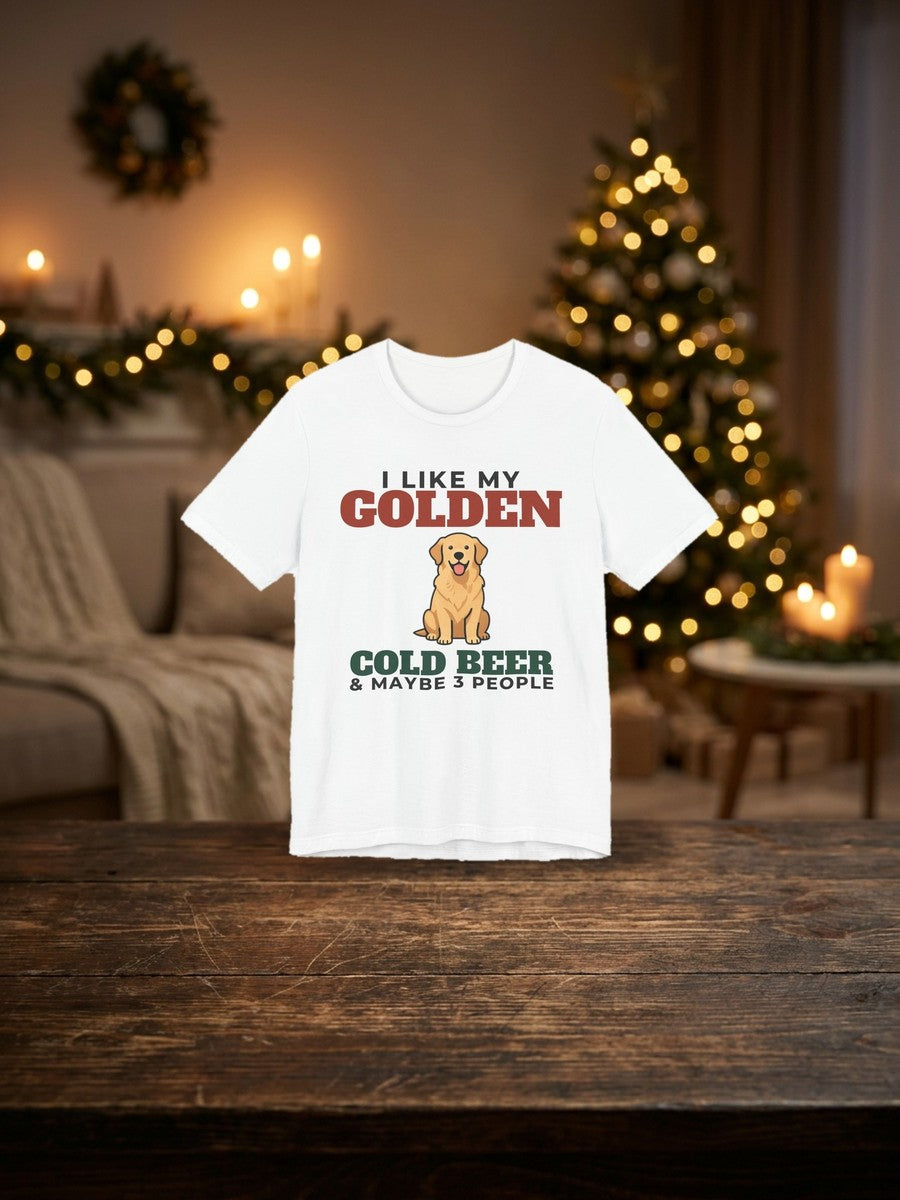 I like my golden retriever, cold beer and maybe 3 people tee, funny golden dad gift by the Christmas tree