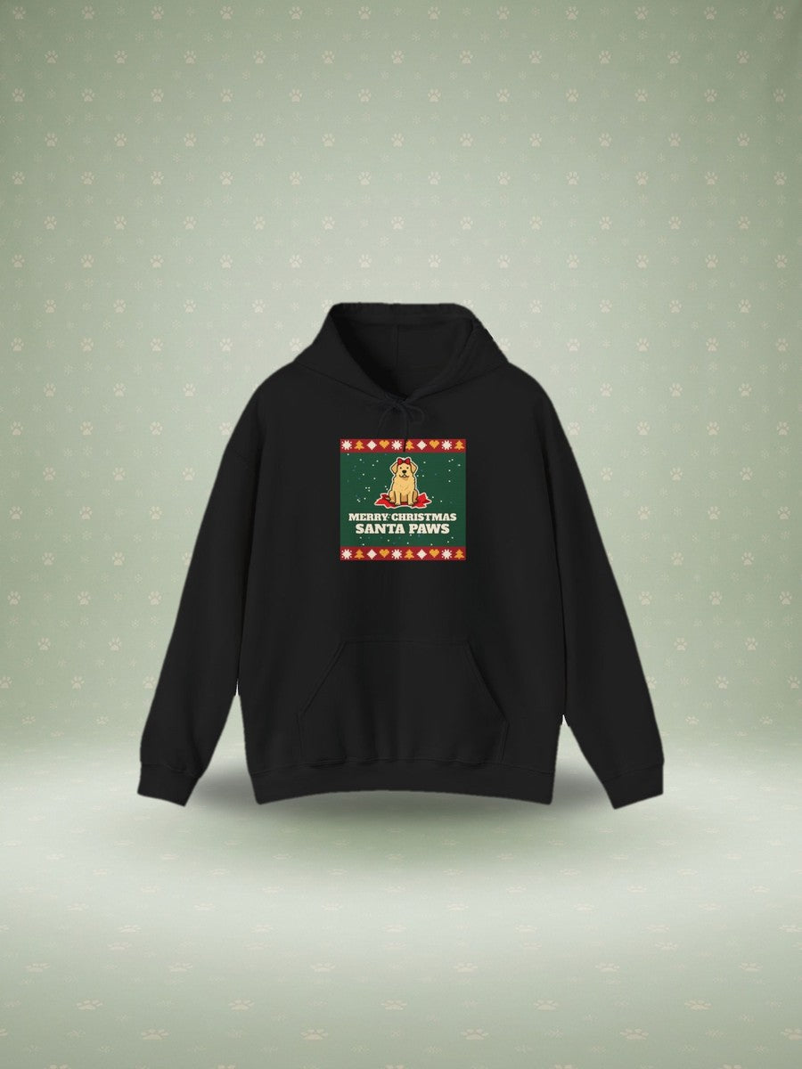 Santa Paws ugly Christmas sweater hoodie in a festive studio scene