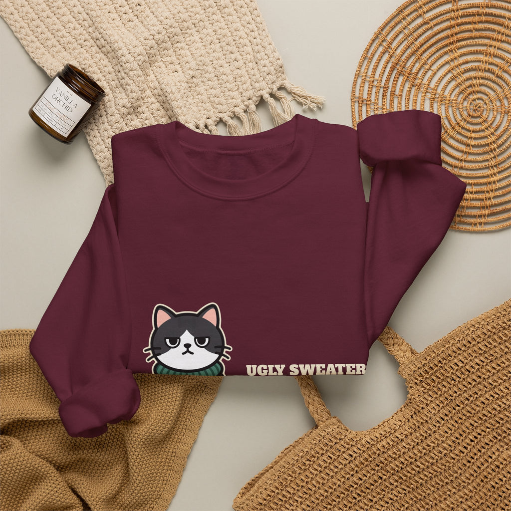 Ugly Christmas Sweater Style Crewneck Sweatshirt Cat, Cat Approved Funny Holiday Crewneck Sweatshirt, Grumpy Cat Christmas Crewneck Sweatshirt, Cat Mom Gift, Cat Lover Crewneck Sweatshirt