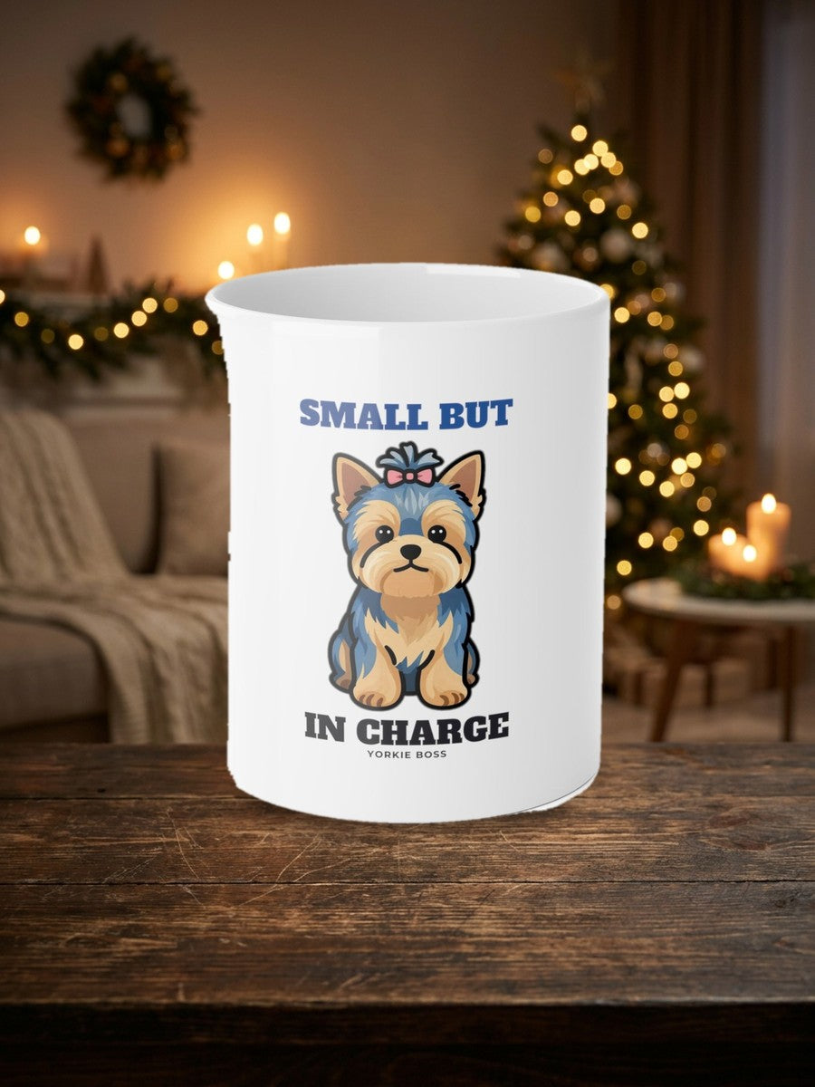 Small But In Charge Yorkie Mug styled Christmas flat lay