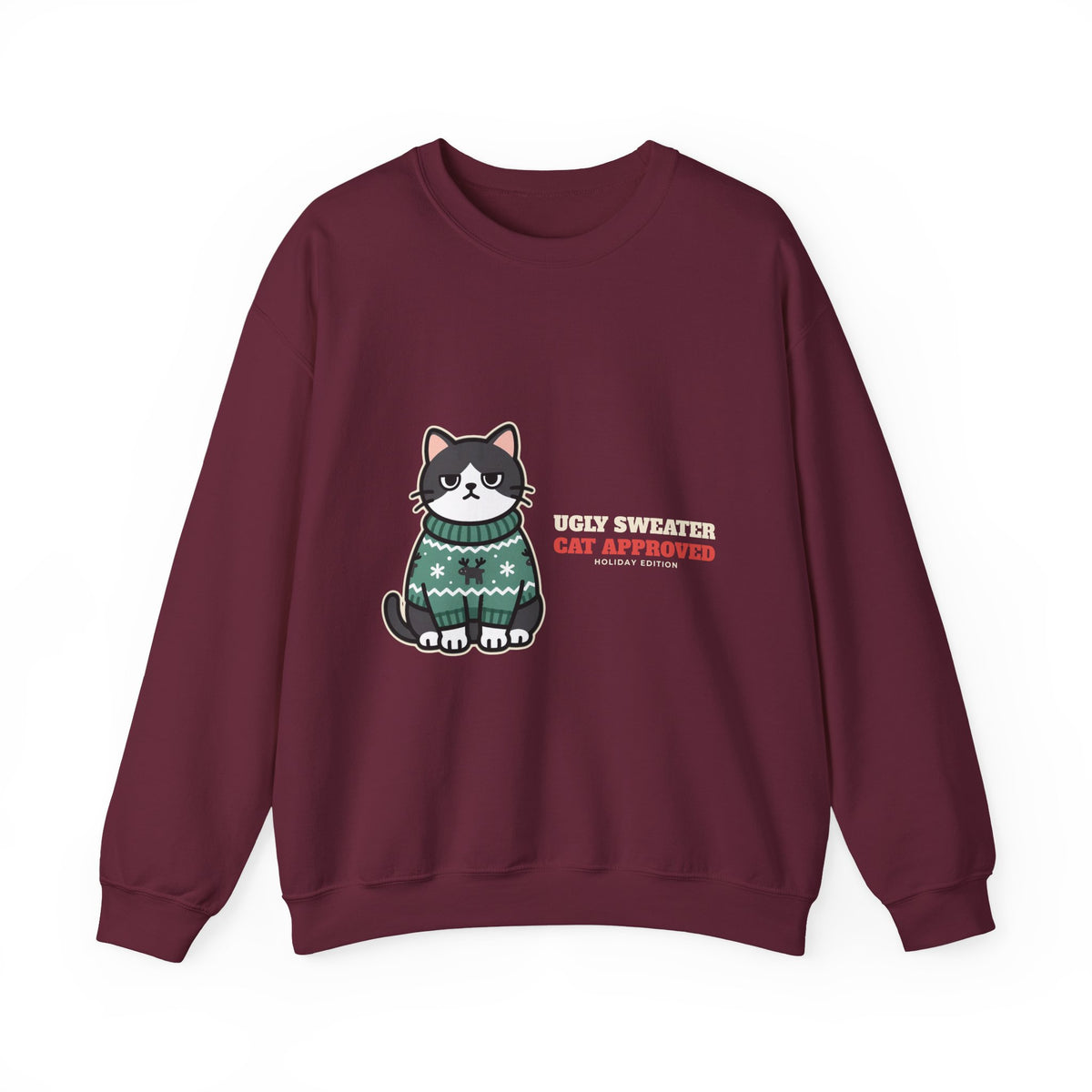 Ugly Christmas Sweater Style Crewneck Sweatshirt Cat, Cat Approved Funny Holiday Crewneck Sweatshirt, Grumpy Cat Christmas Crewneck Sweatshirt, Cat Mom Gift, Cat Lover Crewneck Sweatshirt