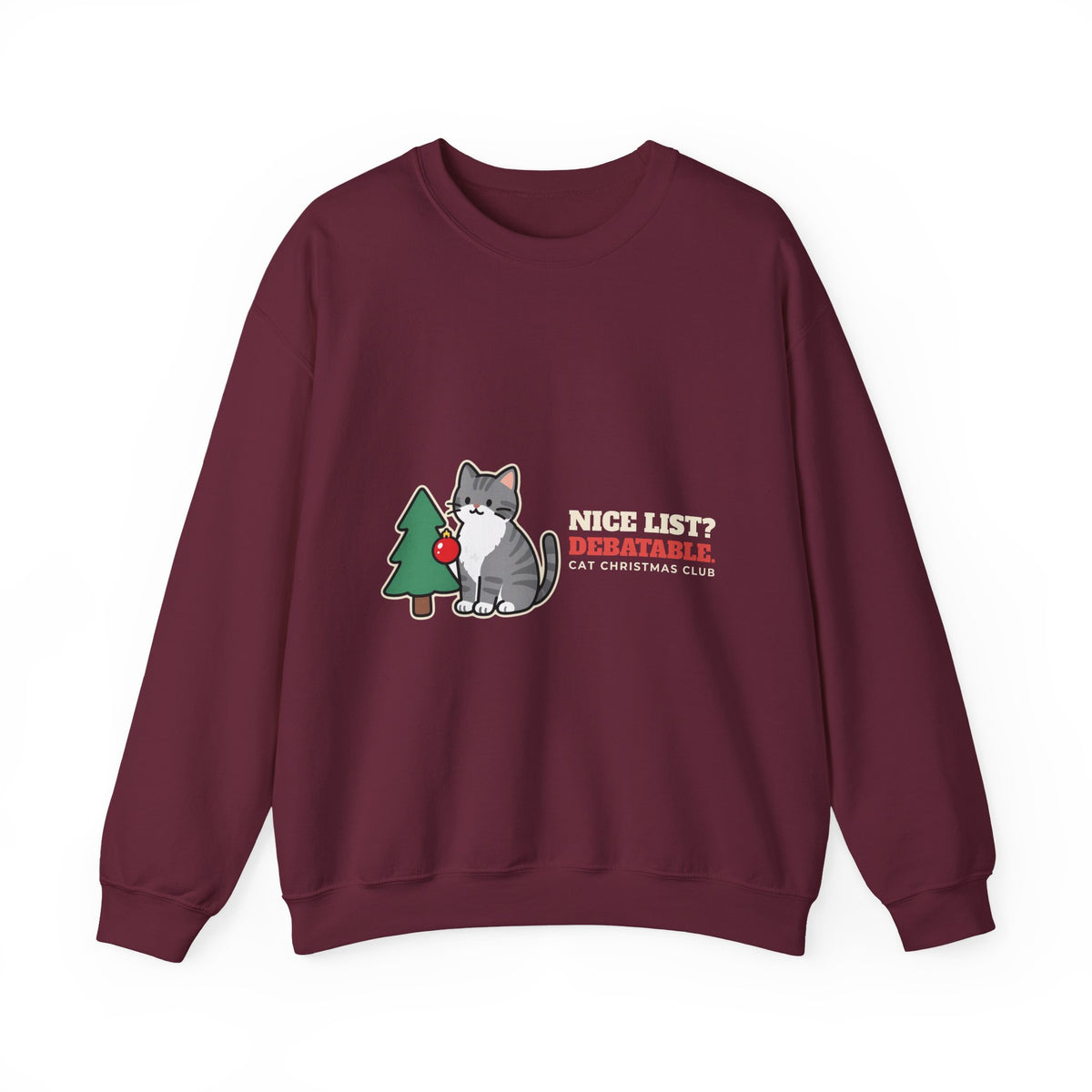 Funny Cat Christmas Crewneck Sweatshirt, Nice List Debatable Cat Crewneck Sweatshirt, Cat Mom Christmas Gift, Cat Dad Holiday Crewneck Sweatshirt, Naughty Cat Lover Gift
