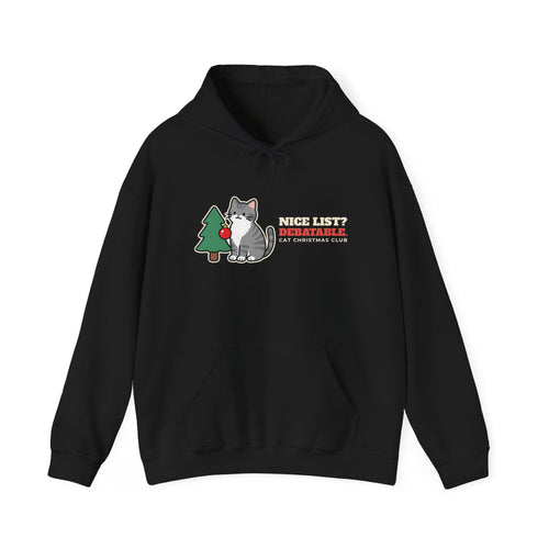 Nice List Debatable cat Christmas hoodie - detail view, cat gift by Passtime Goods