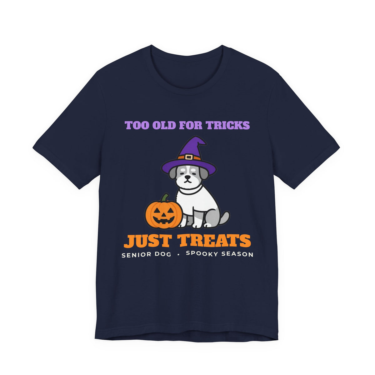 Halloween Dog Shirt with the Too Old for Tricks, Just Treats design in navy