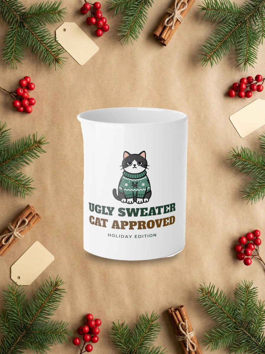 Cat Approved Ugly Christmas Sweater Mug in a styled table product photo