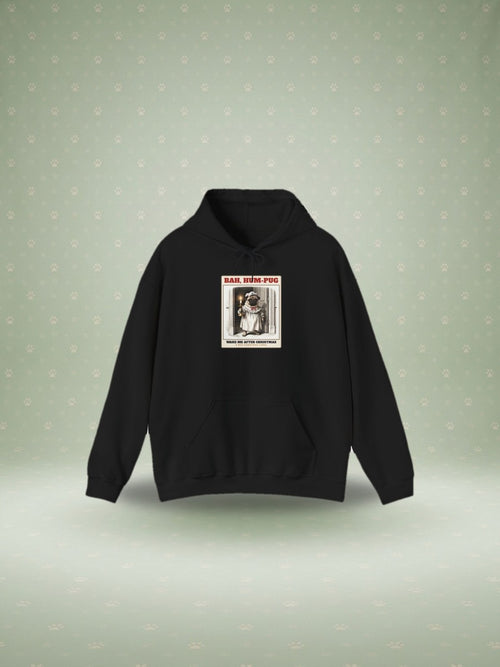 Bah Hum-Pug Christmas hoodie in a festive studio scene