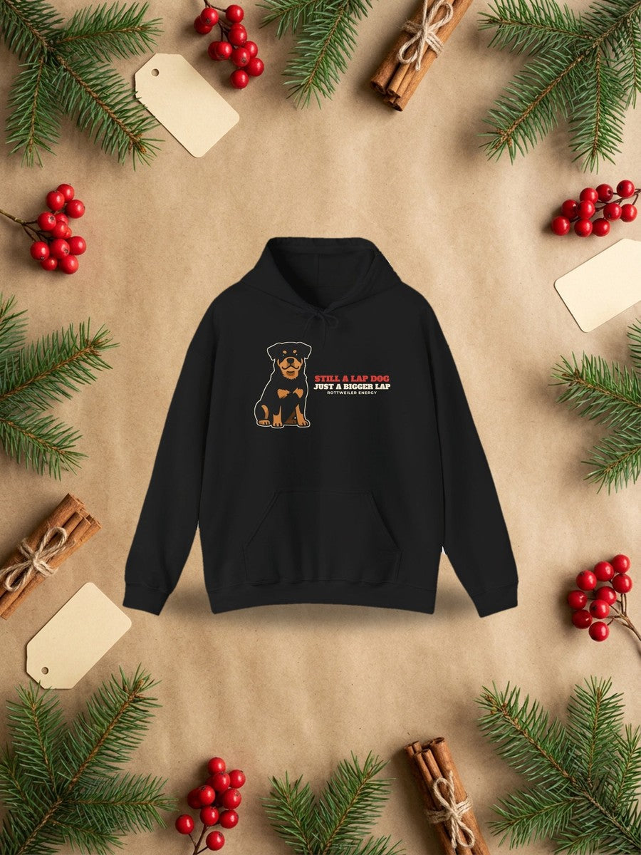 Still a Lap Dog, Just a Bigger Lap Rottweiler Hoodie styled Christmas flat lay