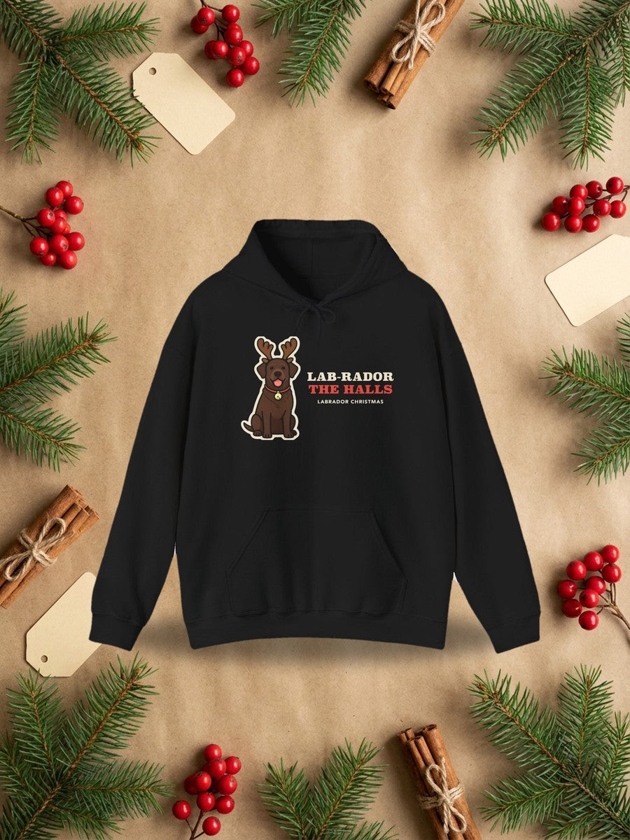 Labrador Christmas Hoodie in a styled flat lay product photo