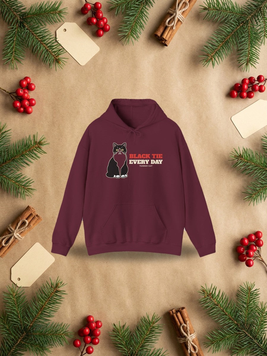 Black Tie Every Day Tuxedo Cat Hoodie styled Christmas flat lay