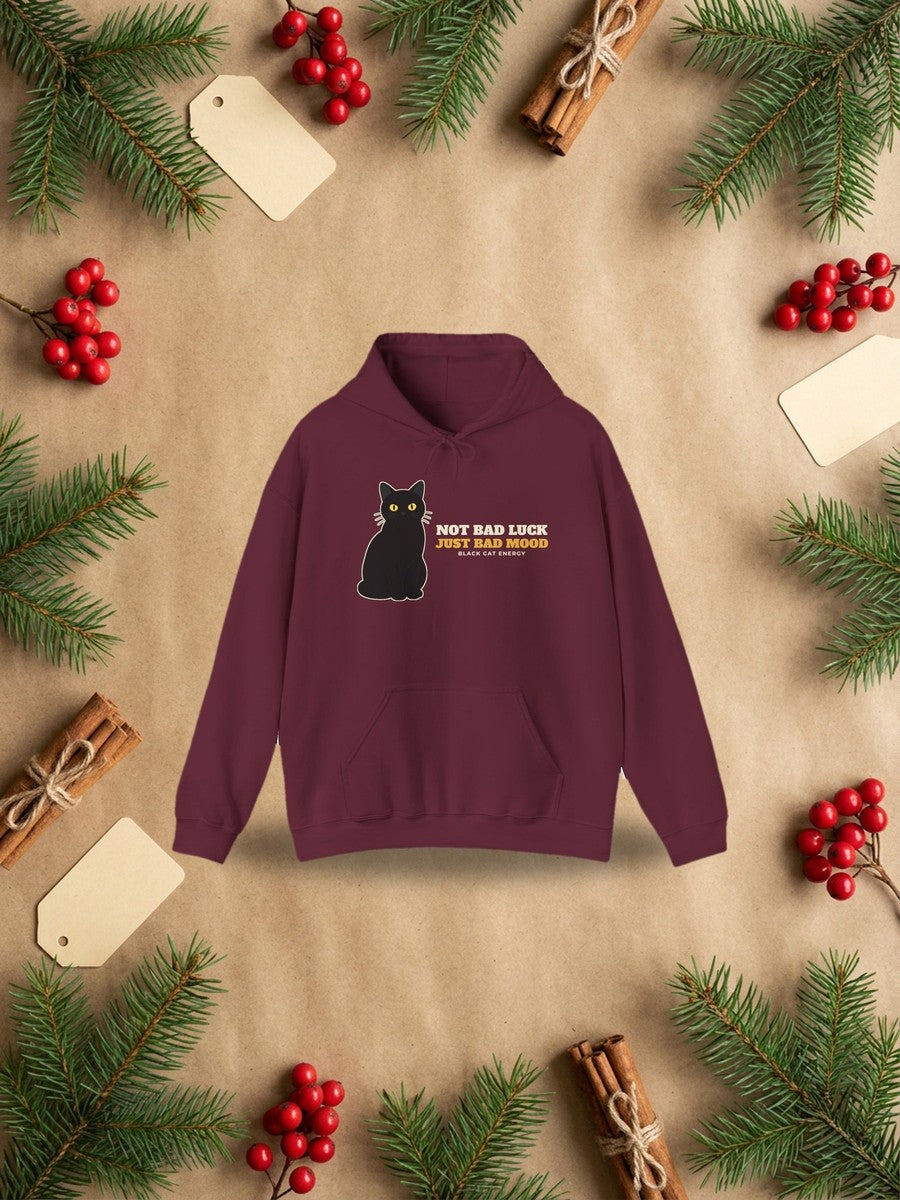 Not Bad Luck, Just a Bad Mood Black Cat Hoodie styled Christmas flat lay