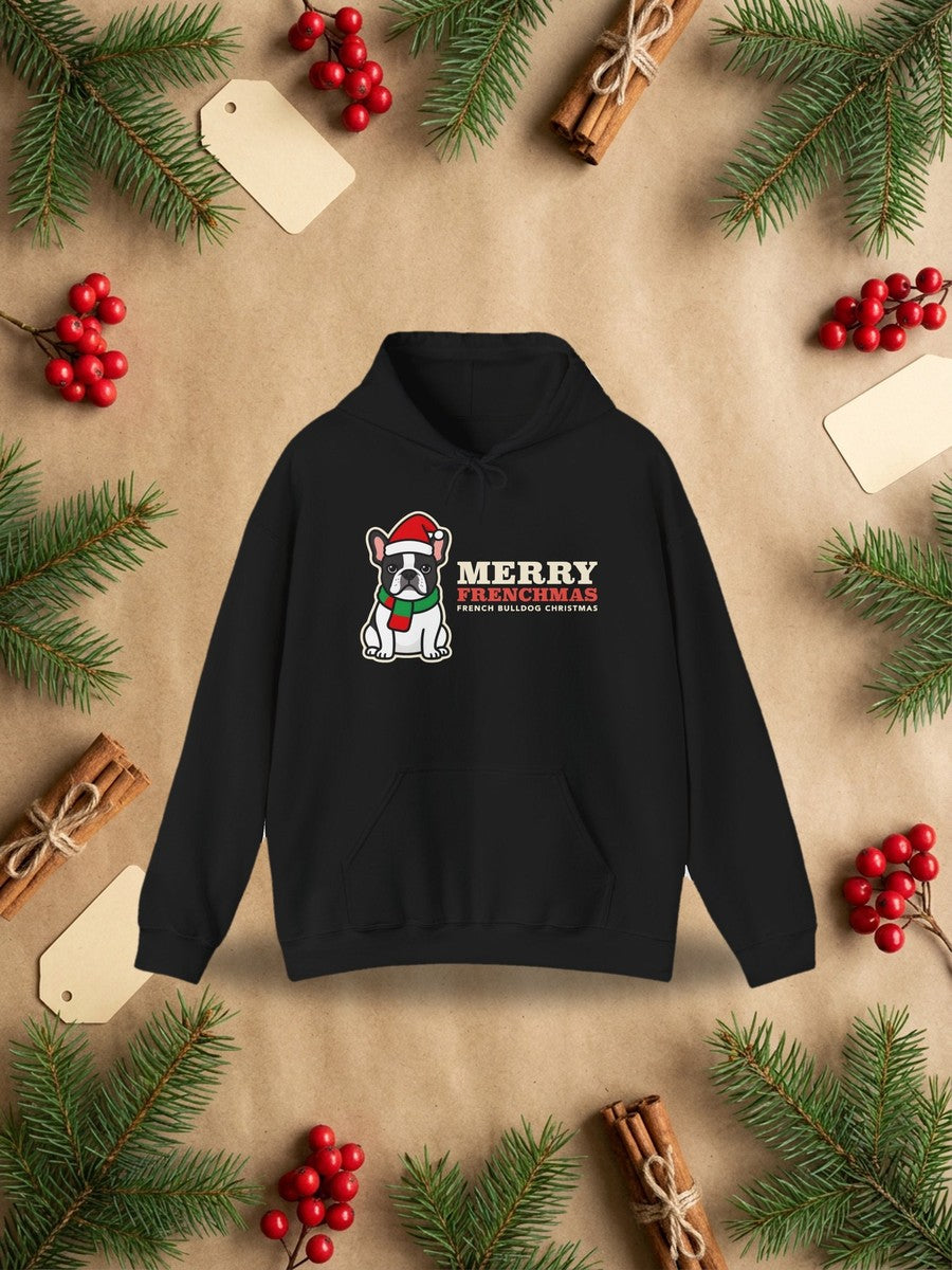 French Bulldog Christmas Hoodie in a styled flat lay product photo