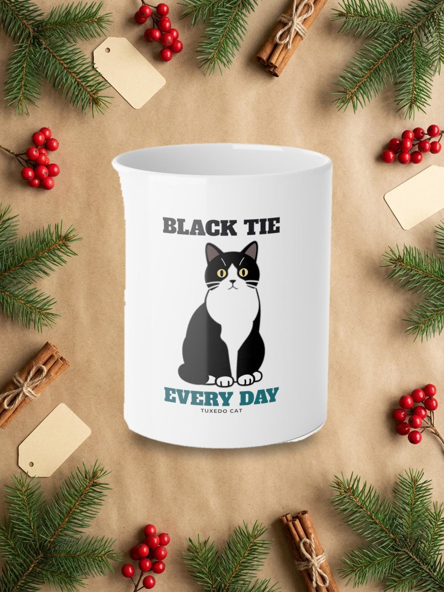 Black Tie Every Day Tuxedo Cat Mug styled Christmas flat lay