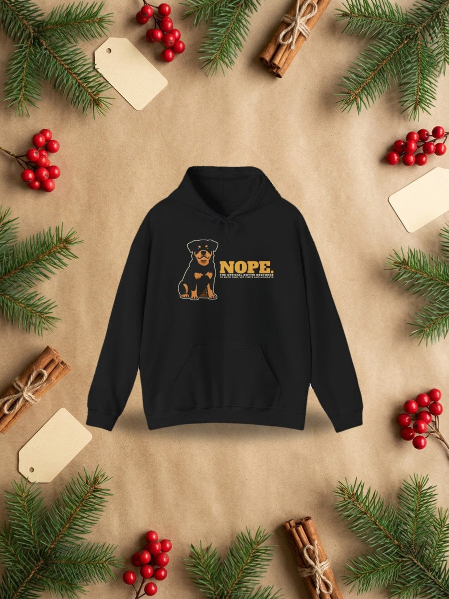 Nope. funny Rottweiler hoodie styled Christmas flat lay