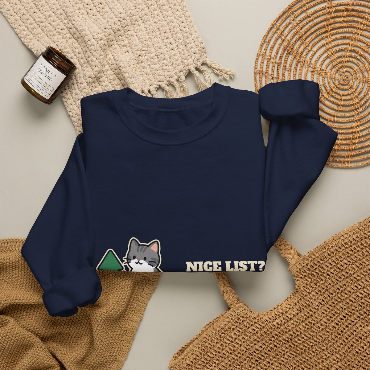 Funny Cat Christmas Crewneck Sweatshirt, Nice List Debatable Cat Crewneck Sweatshirt, Cat Mom Christmas Gift, Cat Dad Holiday Crewneck Sweatshirt, Naughty Cat Lover Gift