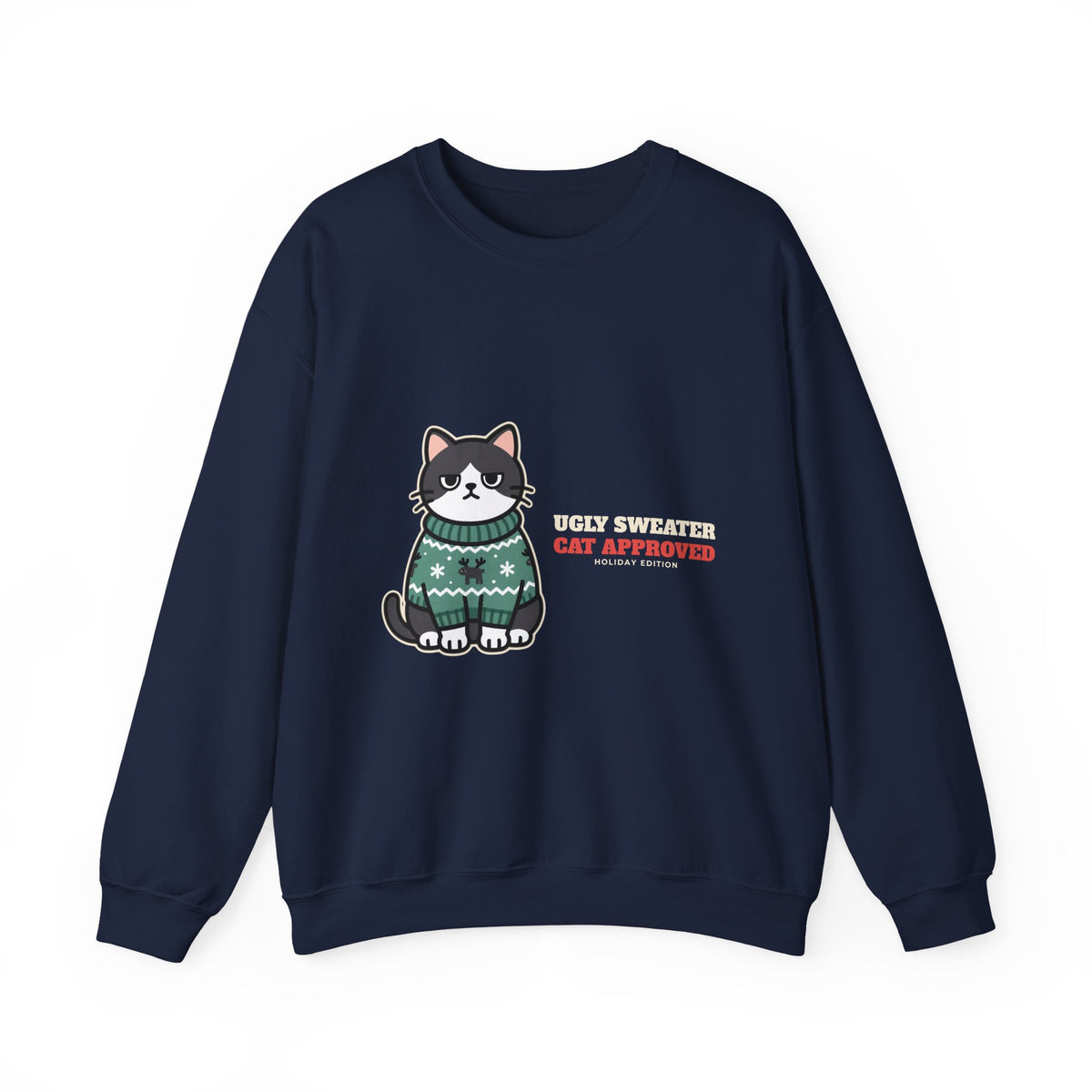 Ugly Christmas Sweater Style Crewneck Sweatshirt Cat, Cat Approved Funny Holiday Crewneck Sweatshirt, Grumpy Cat Christmas Crewneck Sweatshirt, Cat Mom Gift, Cat Lover Crewneck Sweatshirt