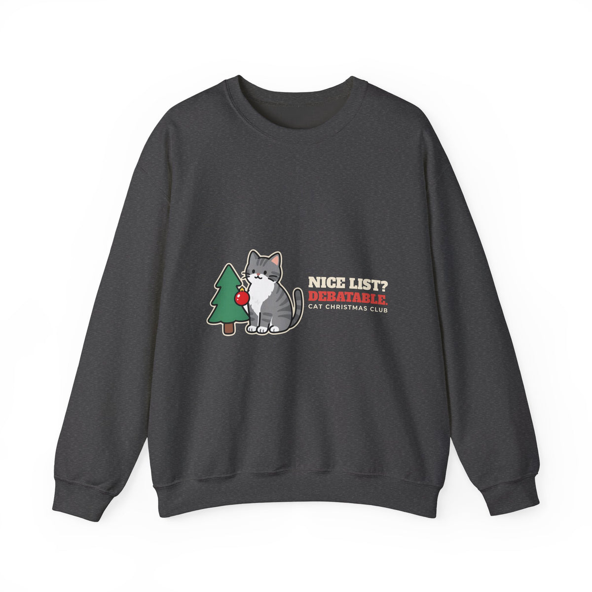 Funny Cat Christmas Crewneck Sweatshirt, Nice List Debatable Cat Crewneck Sweatshirt, Cat Mom Christmas Gift, Cat Dad Holiday Crewneck Sweatshirt, Naughty Cat Lover Gift