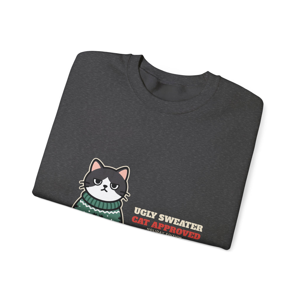 Ugly Christmas Sweater Style Crewneck Sweatshirt Cat, Cat Approved Funny Holiday Crewneck Sweatshirt, Grumpy Cat Christmas Crewneck Sweatshirt, Cat Mom Gift, Cat Lover Crewneck Sweatshirt