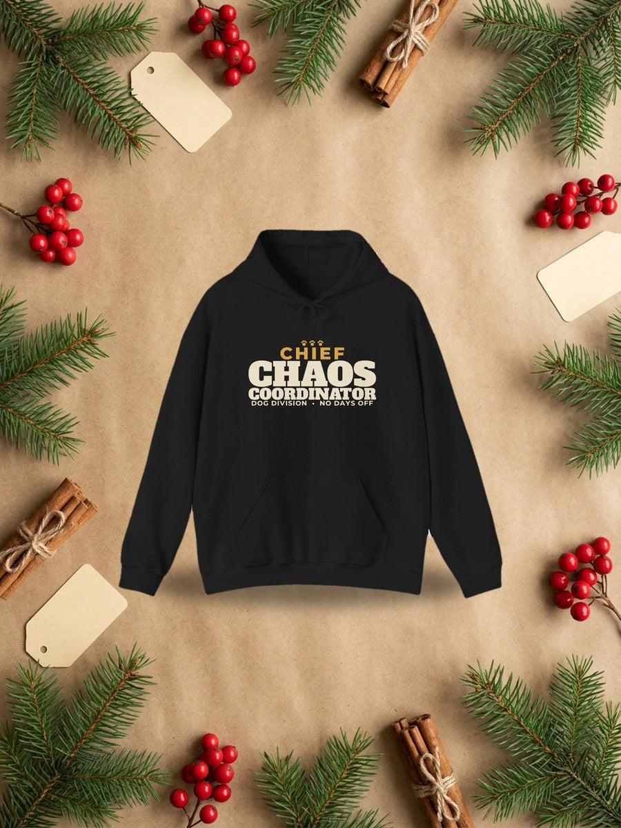 Chief Chaos Coordinator hoodie, funny dog mom gift, styled Christmas flat lay