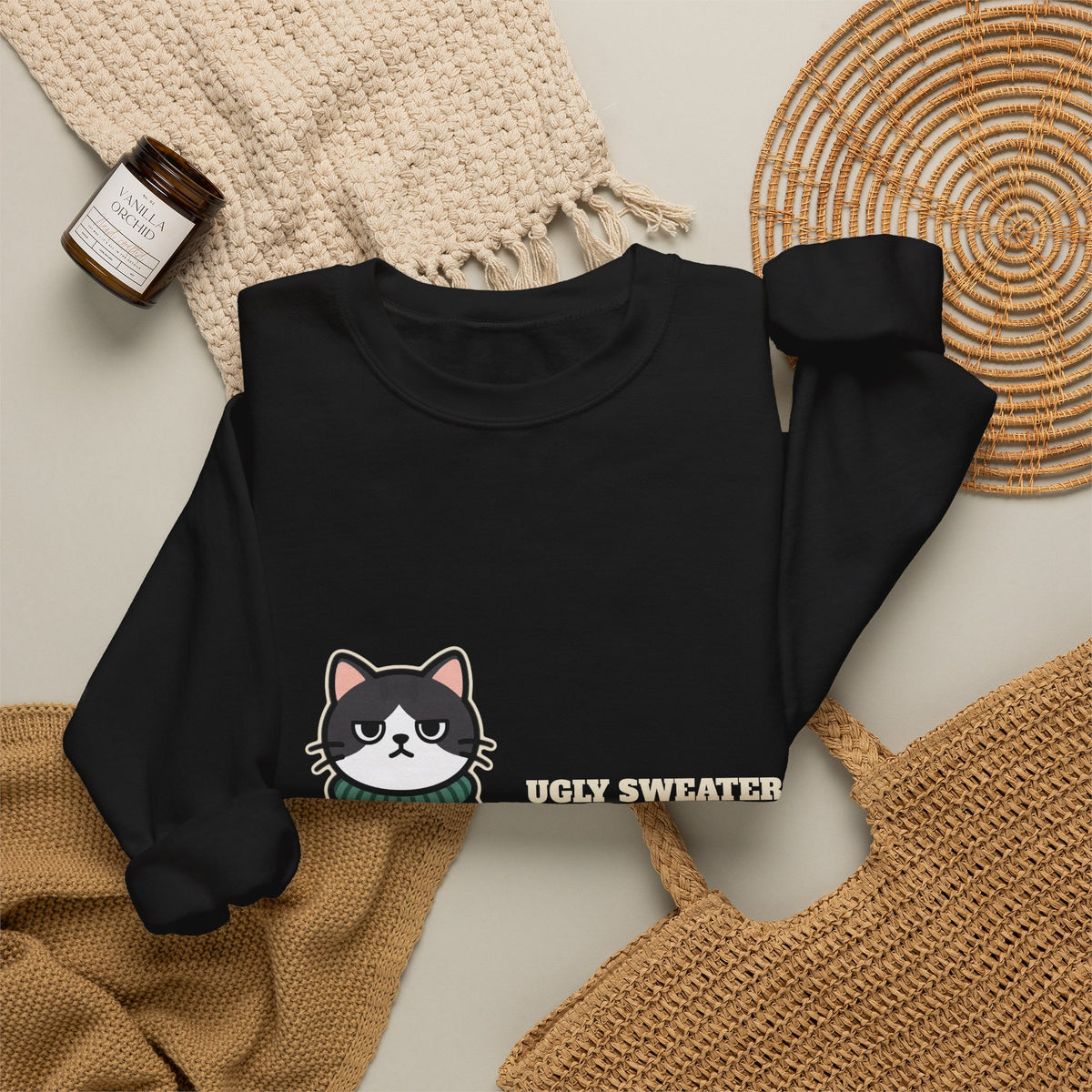 Ugly Christmas Sweater Style Crewneck Sweatshirt Cat, Cat Approved Funny Holiday Crewneck Sweatshirt, Grumpy Cat Christmas Crewneck Sweatshirt, Cat Mom Gift, Cat Lover Crewneck Sweatshirt