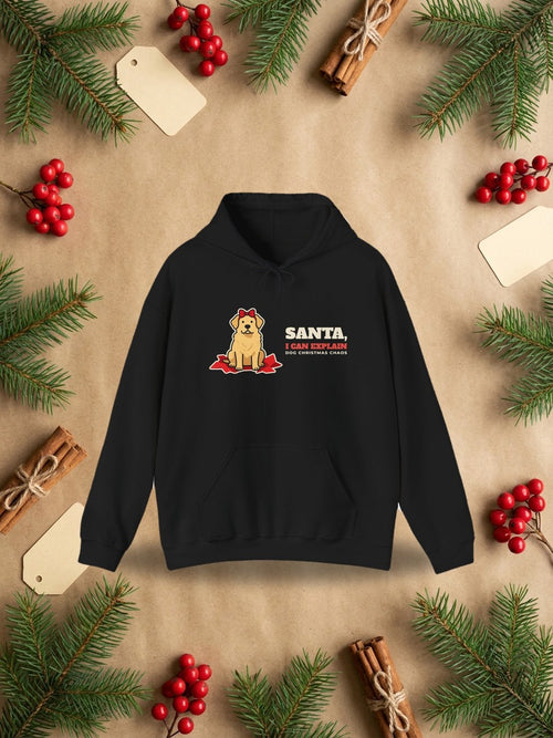 Santa, I Can Explain Dog Christmas Hoodie in a styled flat lay product photo