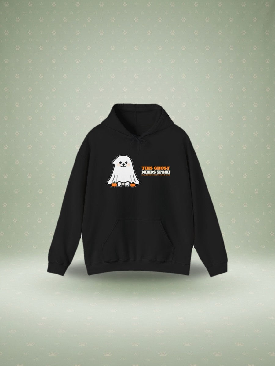 This Ghost Needs Space Halloween reactive dog hoodie in a studio scene
